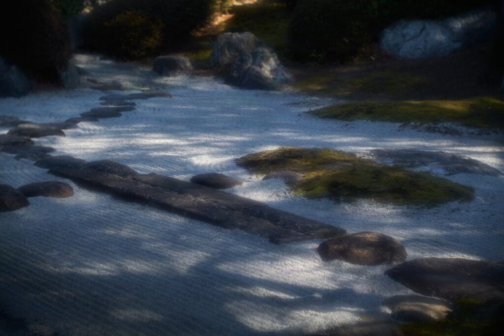 木漏れ日が落ちる枯山水の石庭。武士は茶道を通じて一期一会を体現した、その象徴。写真家・魚住心がライカのタンバールレンズで撮影。